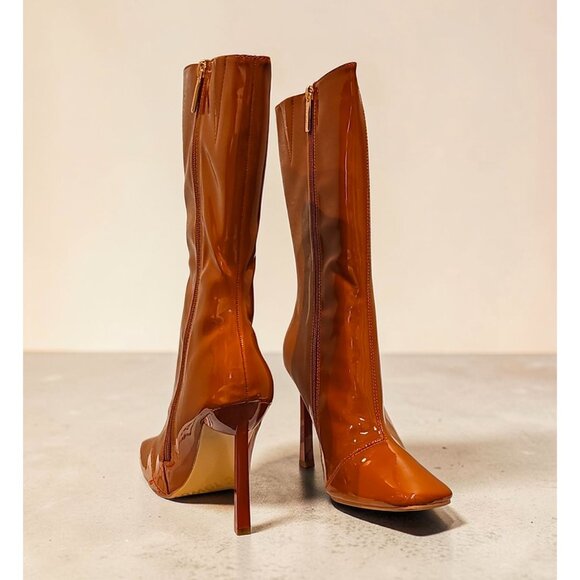 Amazon.com | SHODENSE Women Stiletto High Heels Knee High  Tan Patent Leather Pointed Toe High Heel Boots With Side Zippers Mid-Calf Length